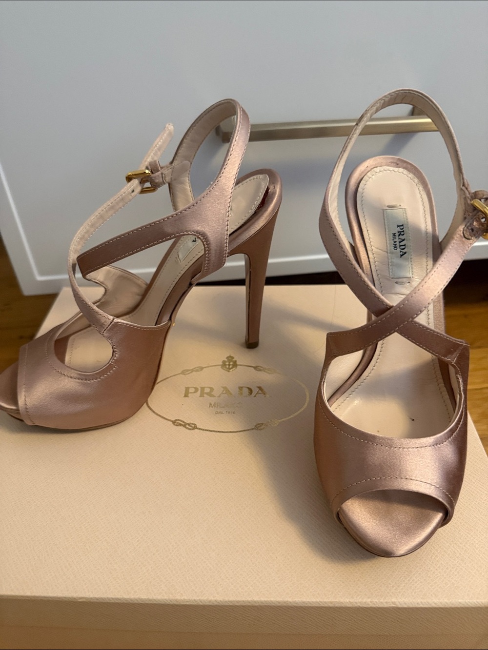 Prada Satin Crisscross Peep-Toe Heels in Rose Gold
